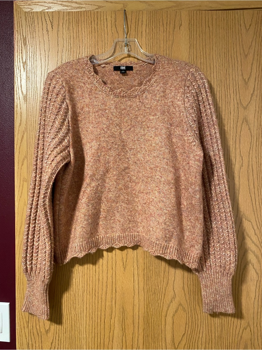 Frye Peach Marled Cable-Sleeve Crewneck Sweater